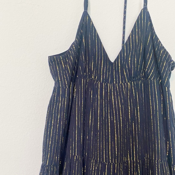 Boden Tiered Maxi Dress Coverup Navy Blue/Gold Lurex Stripe Boho Preppy Sz 6P - Picture 7 of 11